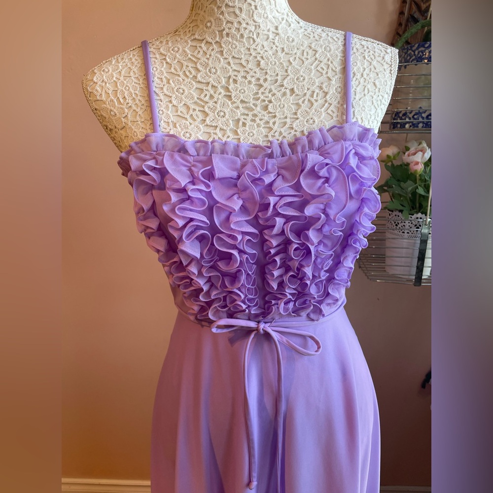 Vintage 70s Pastel Purple Ruffle Spaghetti Strap Formal Maxi Dress Gown XXS/XS - Picture 2 of 9